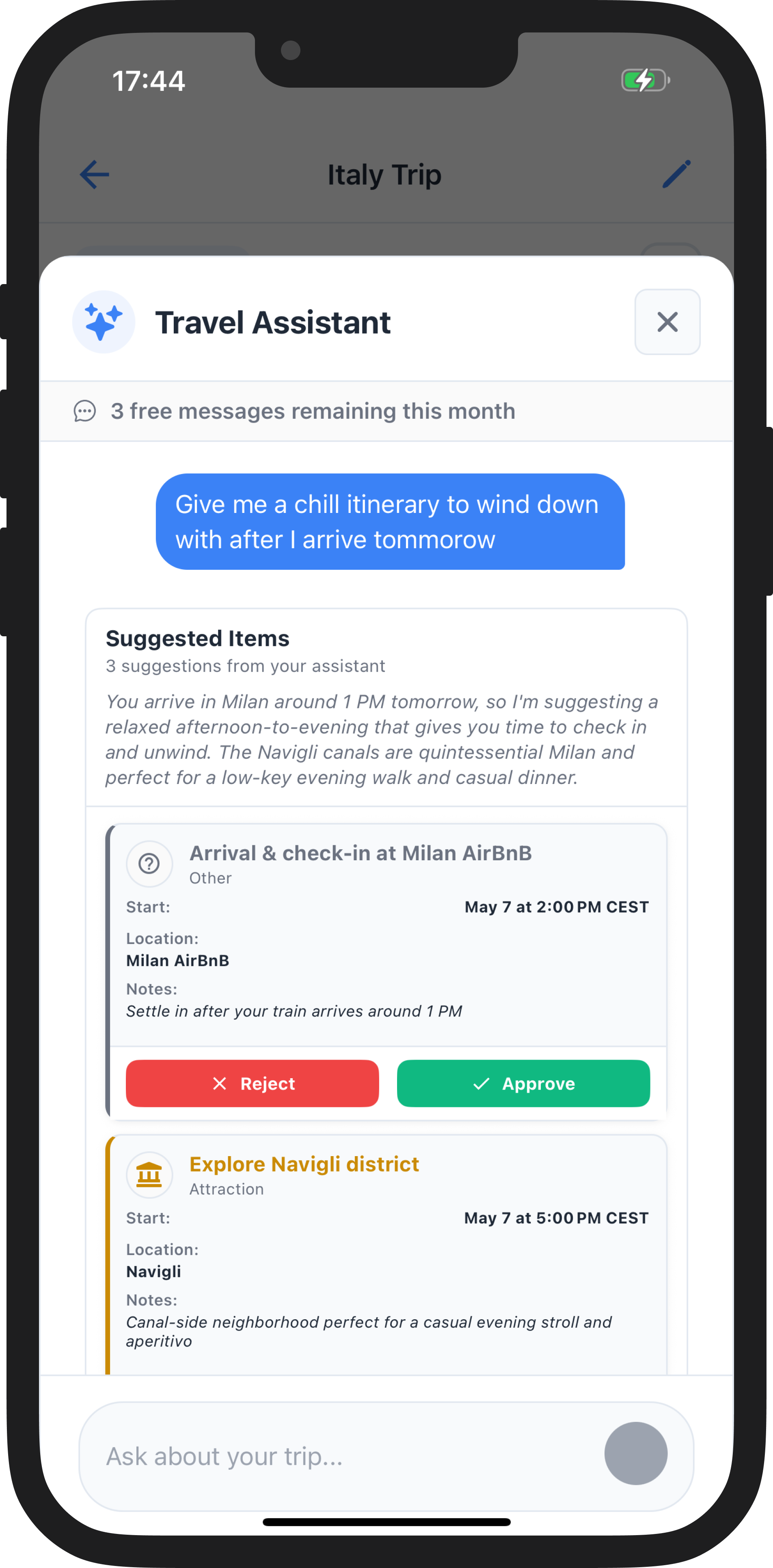 WaySide AI travel assistant suggesting a chill afternoon itinerary with approve and reject options