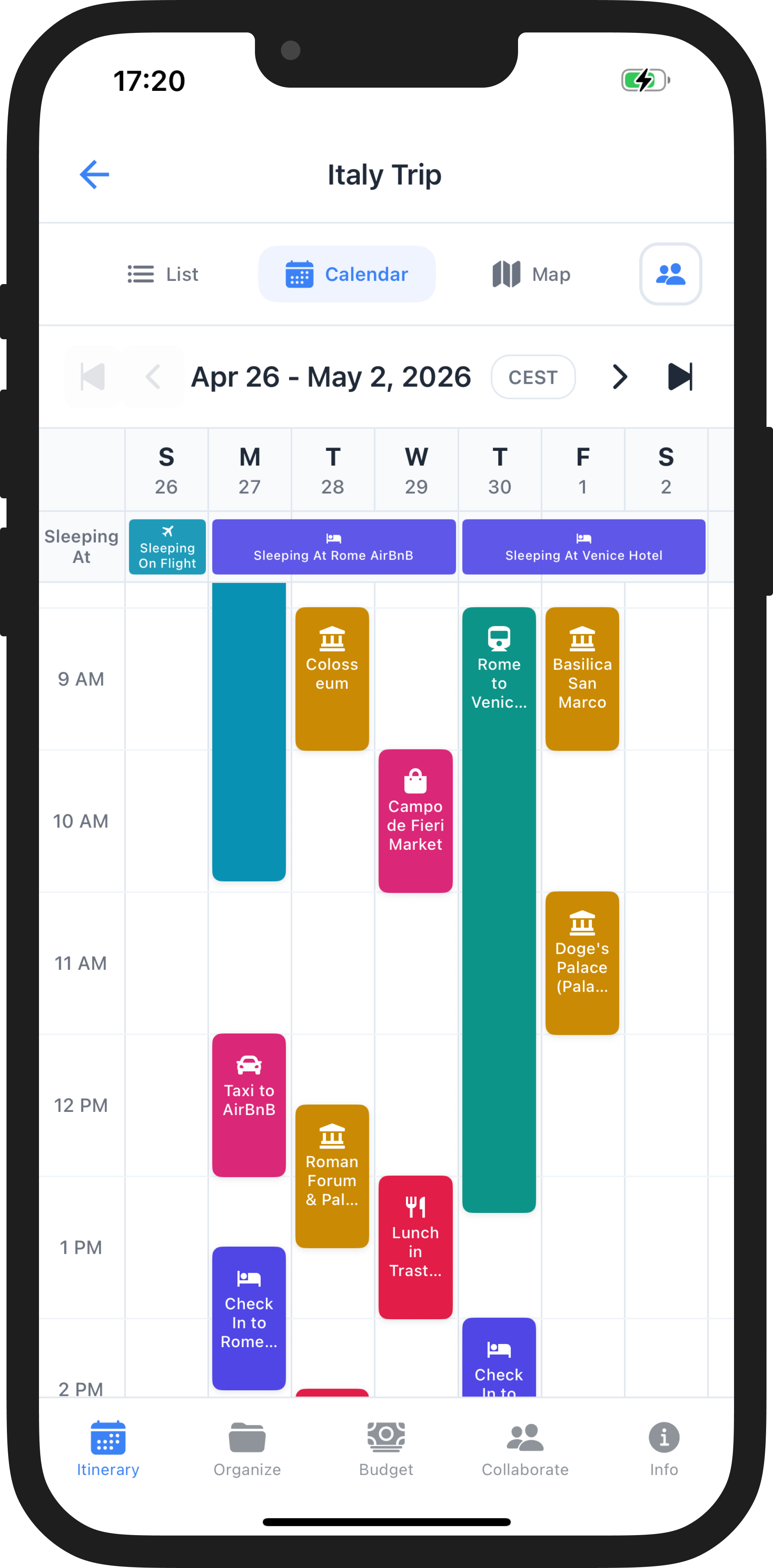 WaySide calendar view showing trip days plotted on a schedule
