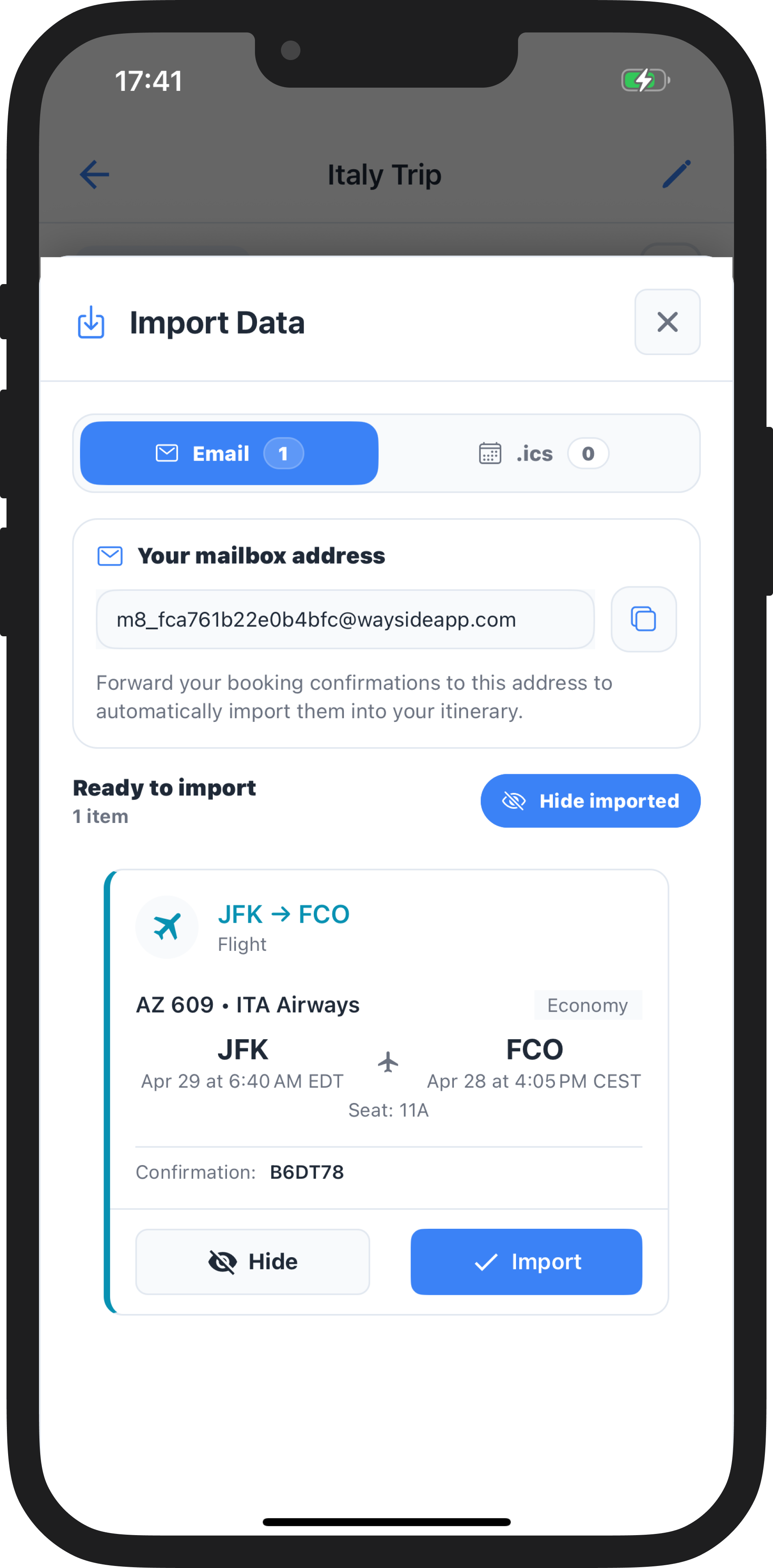 WaySide import data screen showing a parsed JFK to FCO flight ready to add to your itinerary