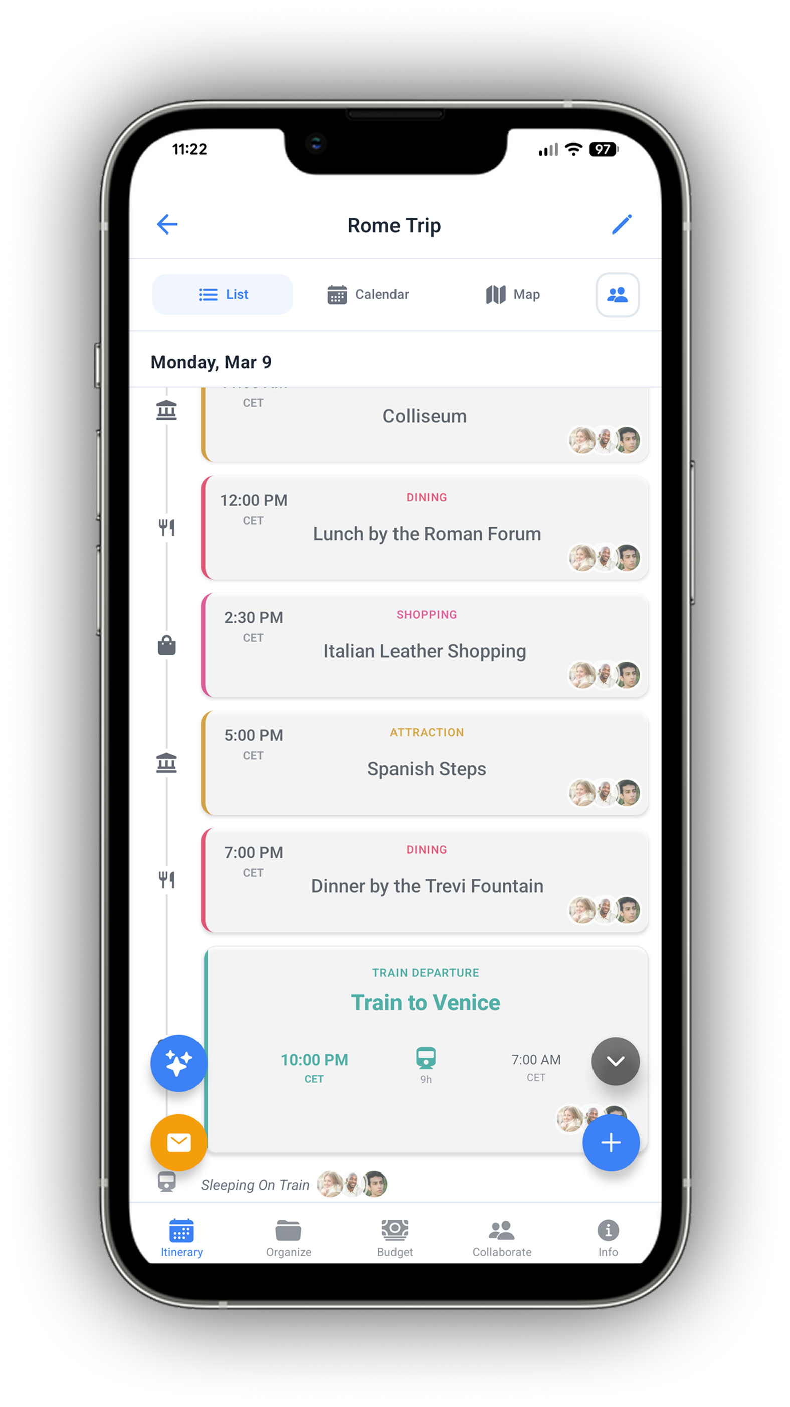 WaySide list view: day-grouped timeline with color-coded categories
