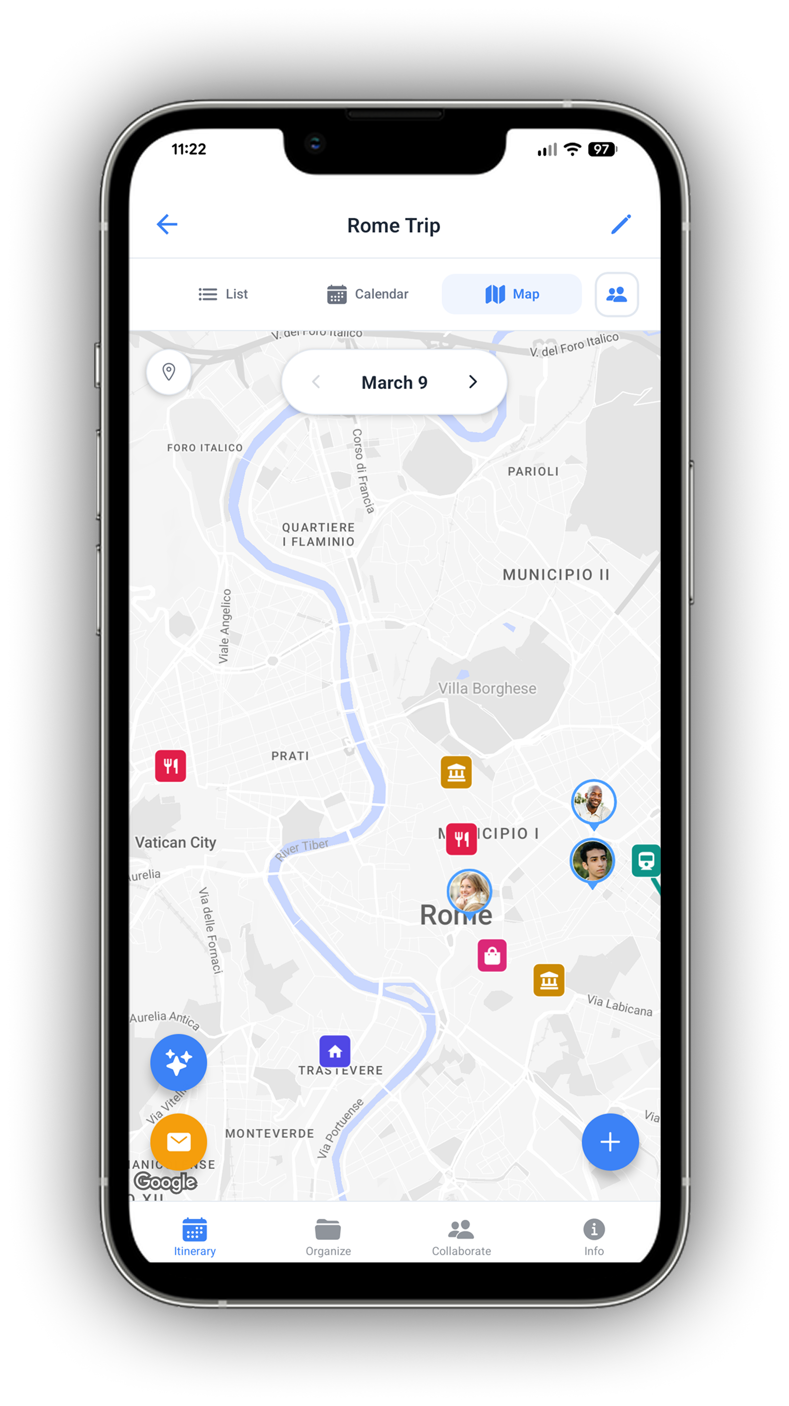 WaySide map view: pins and route lines over Google Maps
