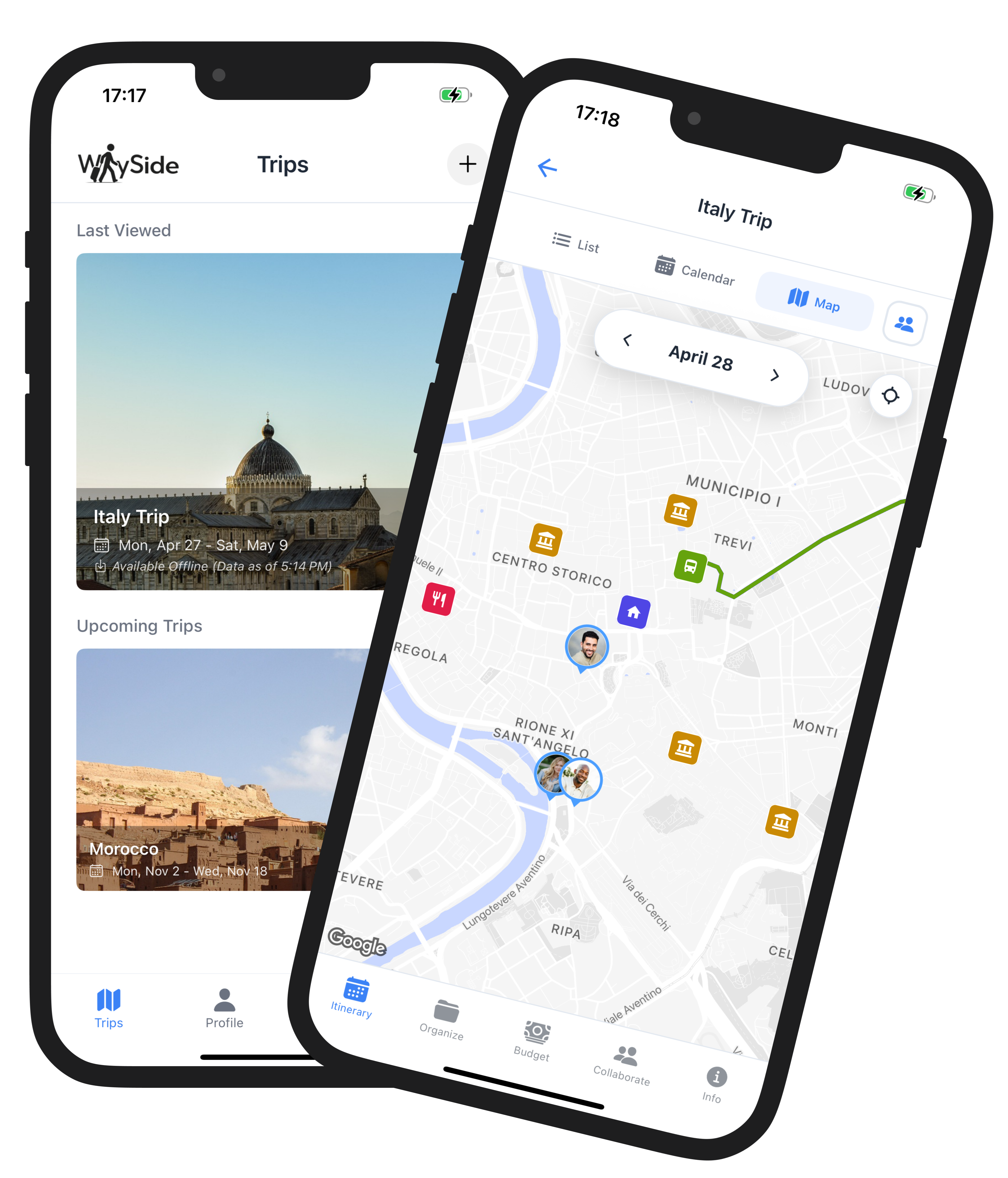 WaySide trips list and map view — see all your trips at a glance and explore on a live map
