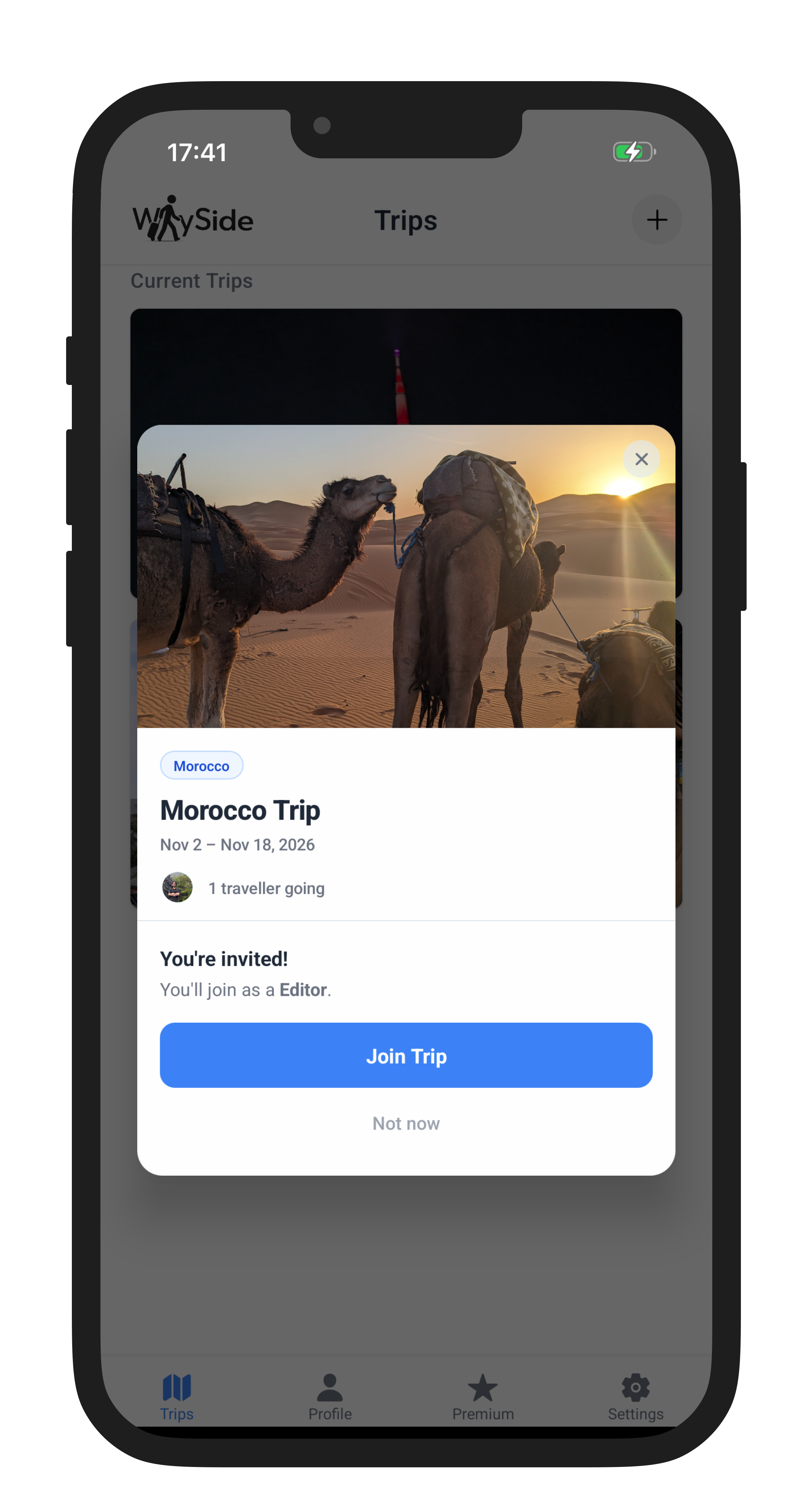 WaySide join trip screen showing the invite card and Join button