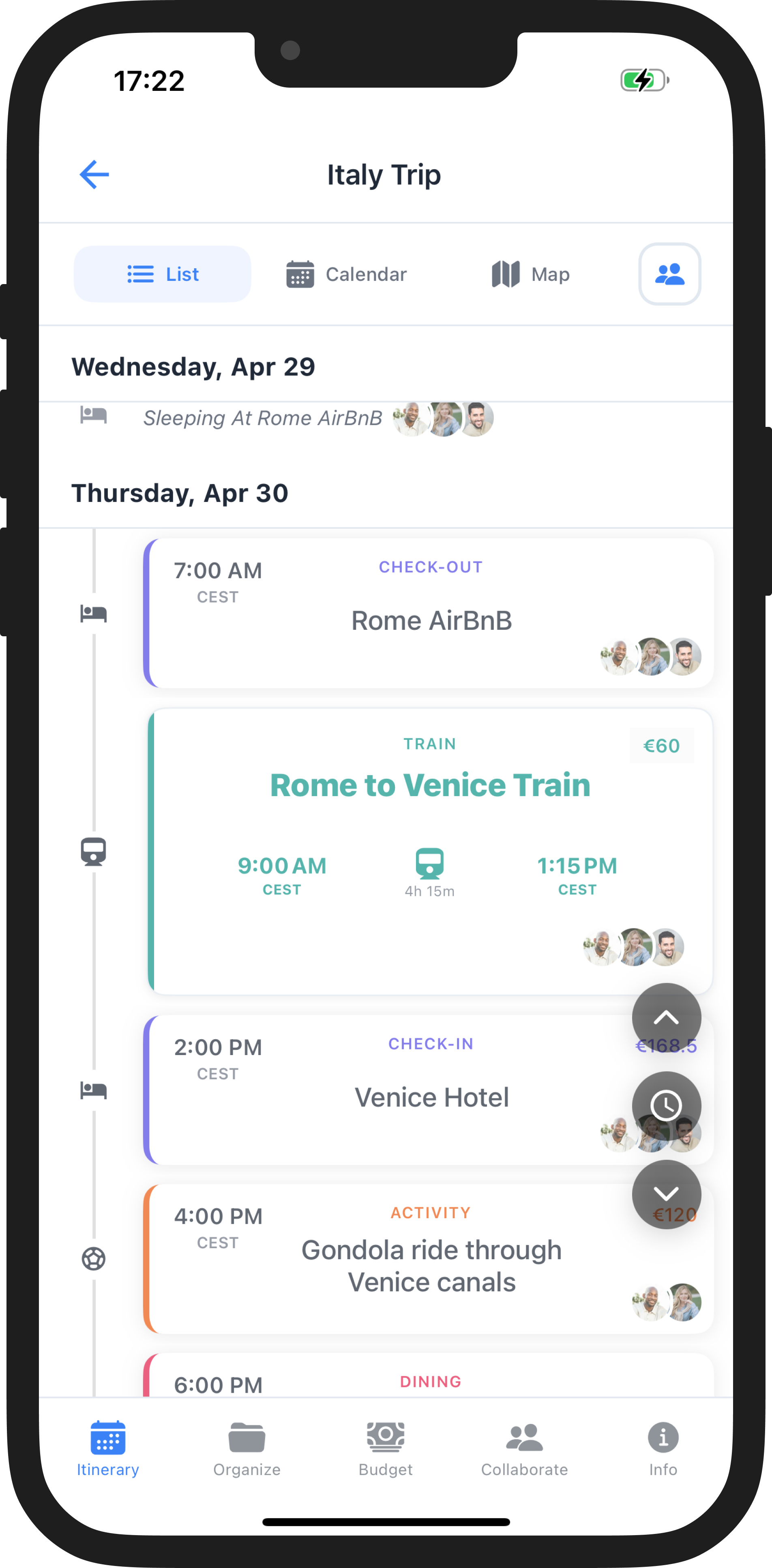 WaySide list view showing a day-by-day itinerary timeline