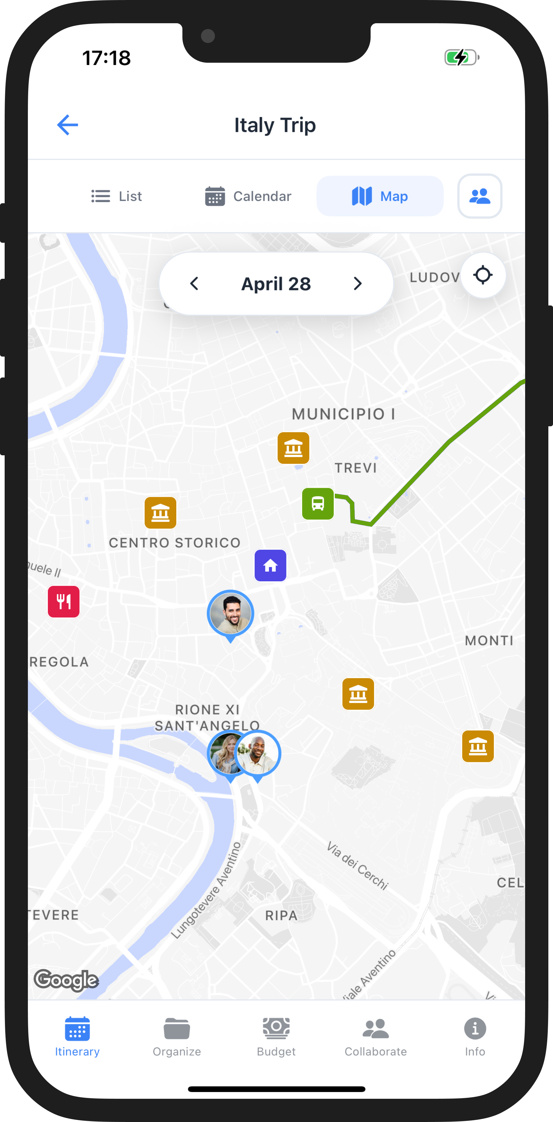WaySide map view with every itinerary stop pinned and the route traced