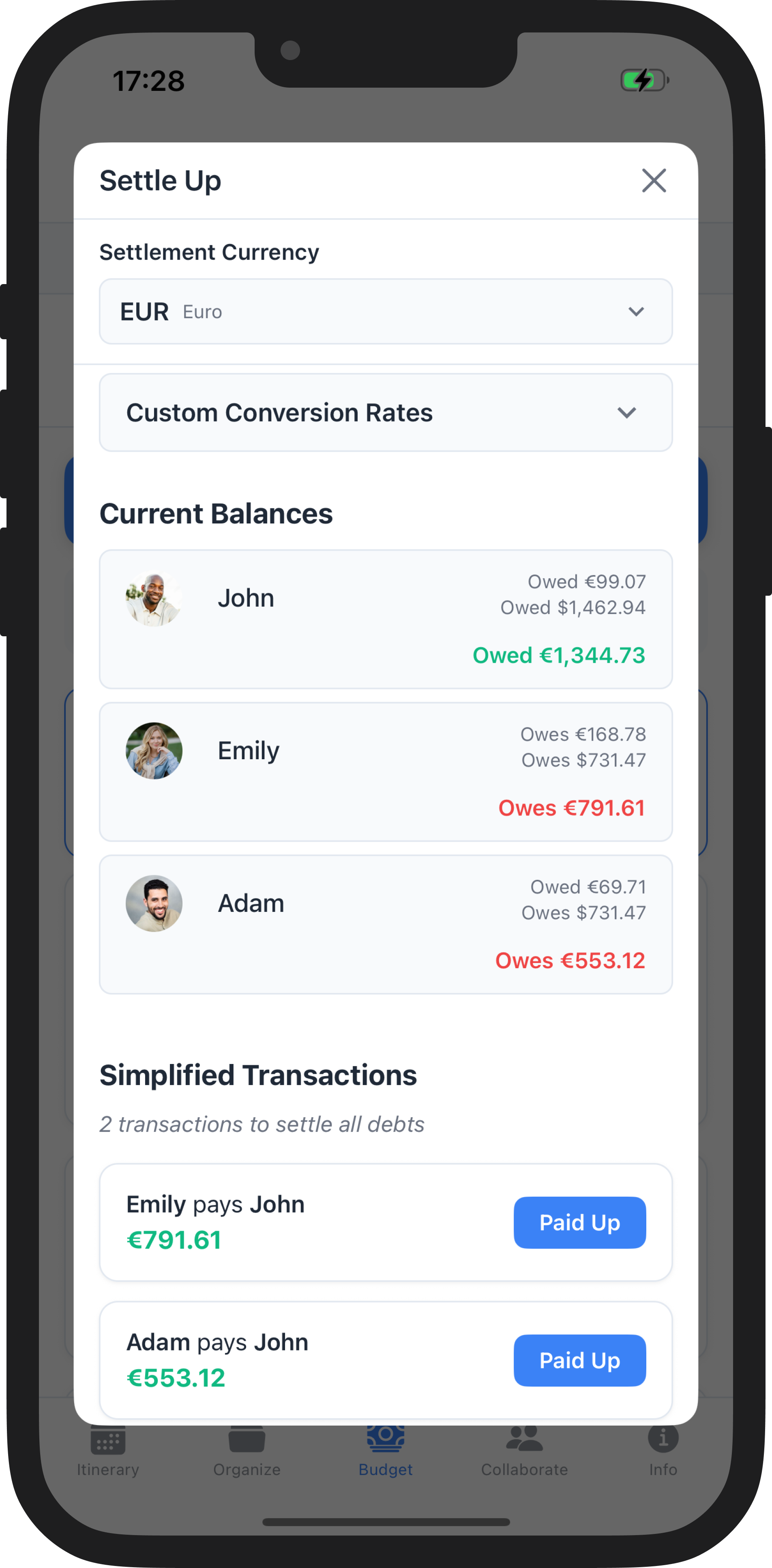WaySide settle up screen showing multi-currency balances and two simplified settlement transactions
